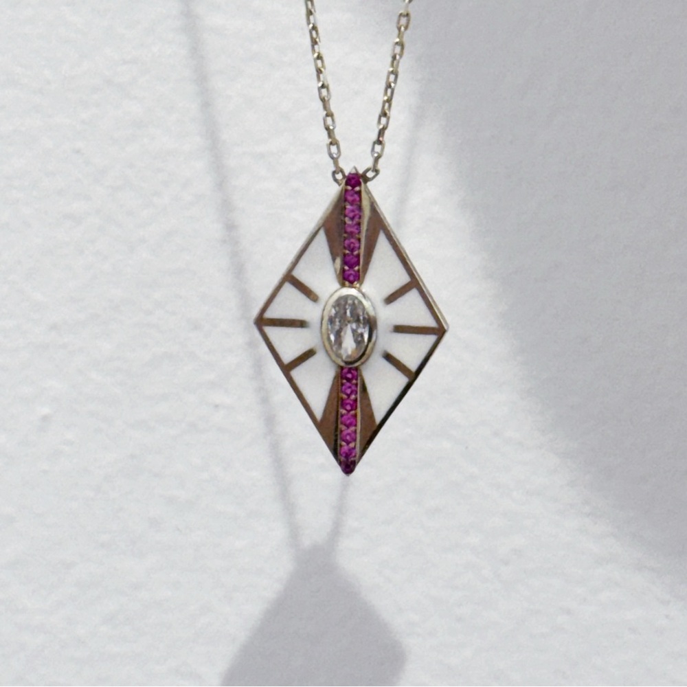 White Pink CZ Enamel Kite Pendant Necklace 18K Gold Plated over 925 Sterling 15”